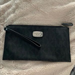 Michael Kors Black Leather Wristlet Clutch with Silver Logo Plate